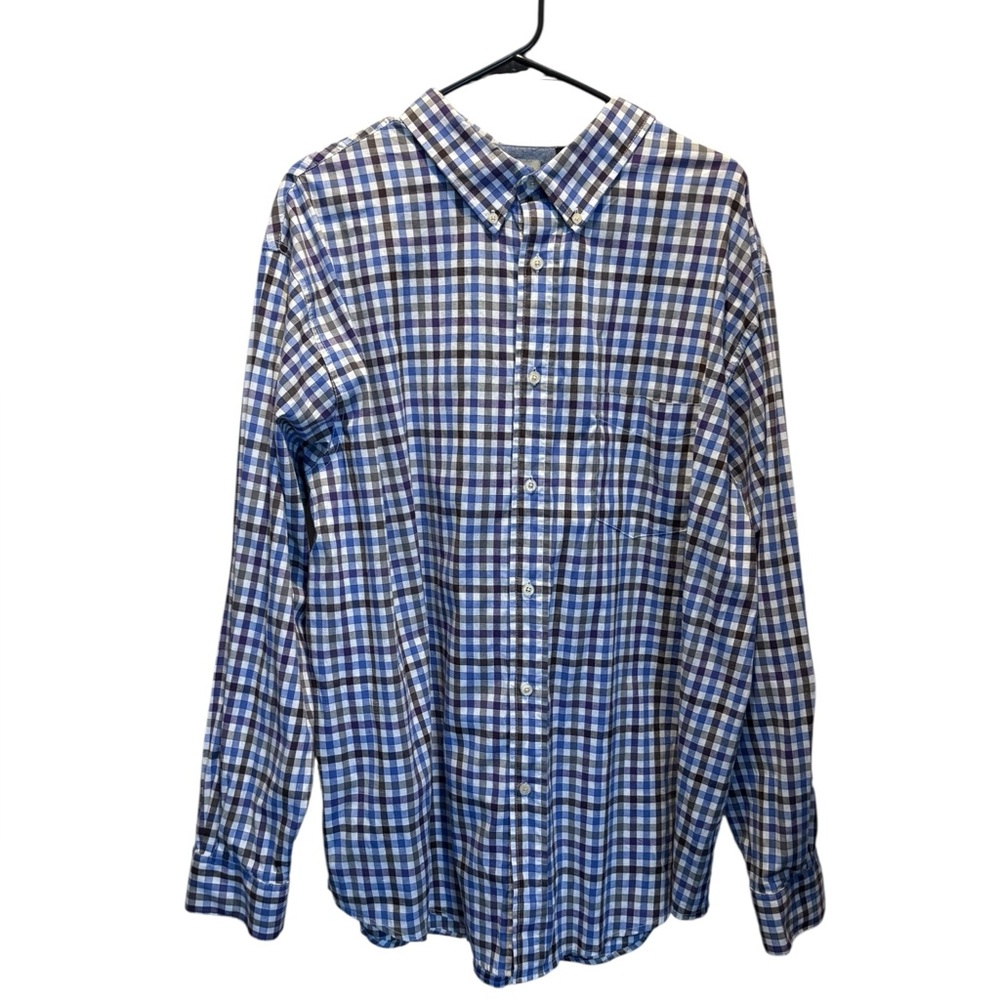 Haggar Men's XXL Button-Up Shirt Blue Purple Gray Plaid Long Sleeve Casual Steer